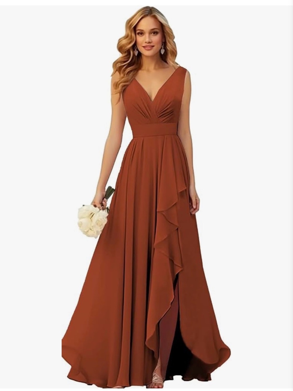 Elegant V-Neck Ruffled A-Line Wedding Dress in Rust